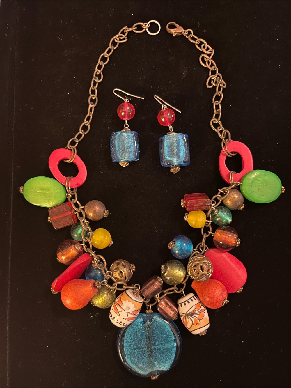 18” Boho Colorful Multi-Bead Statement Necklace with Matching Blue Earrings